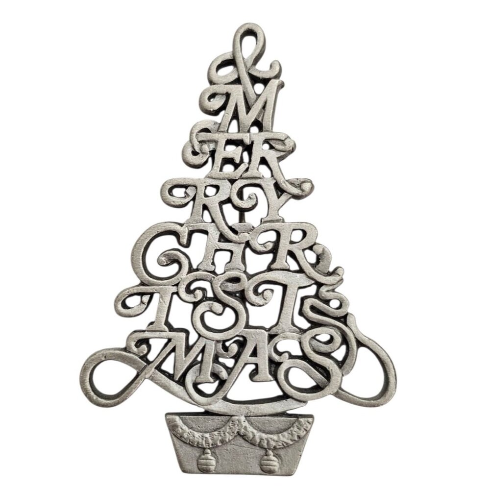 Fort Pewter Merry Christmas Tree Brooch, Signed